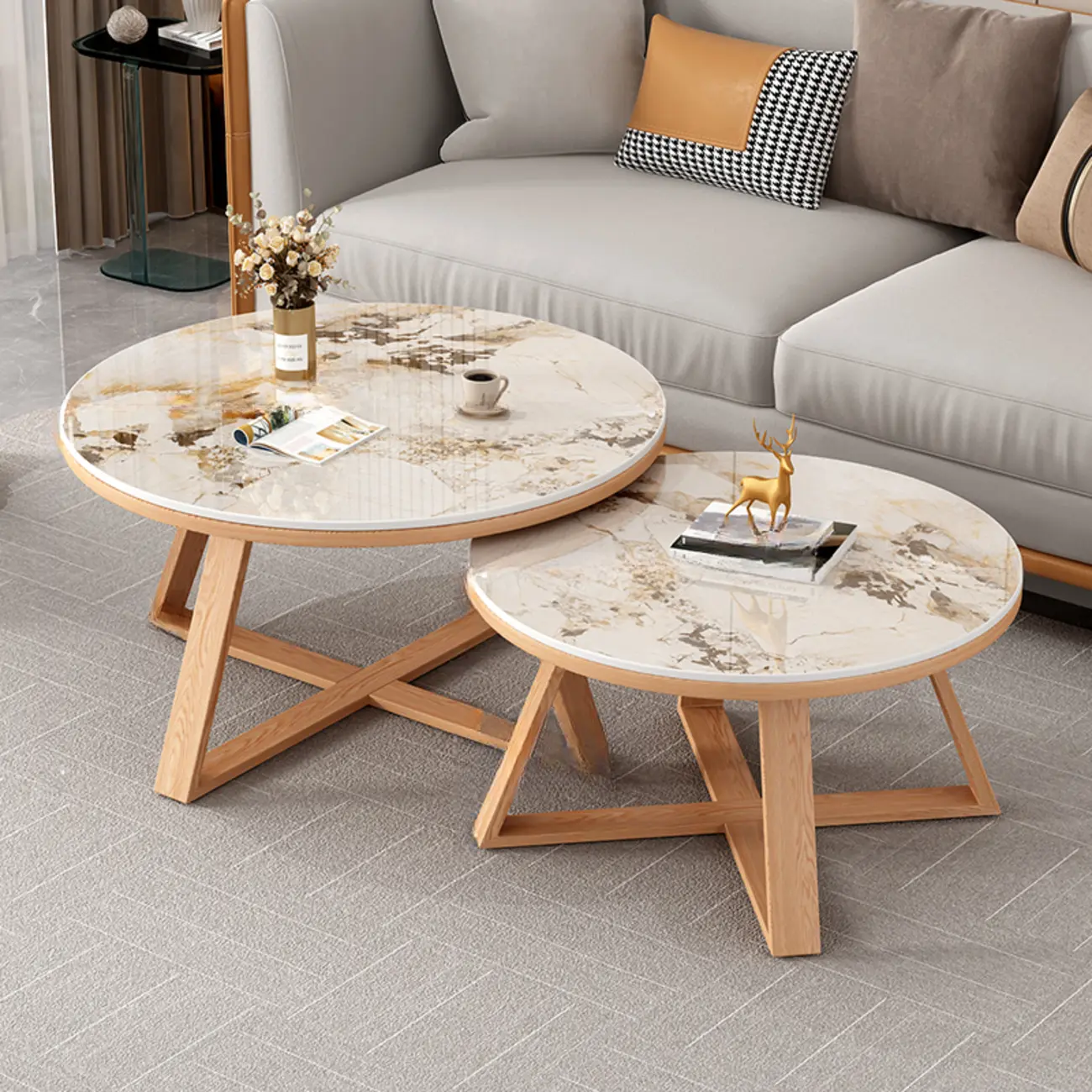 Modern Marble Round 2 Nesting Coffee Table Set with Wood Base