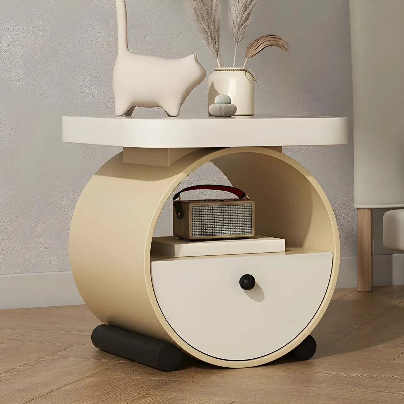 Khaki Beige Round Wooden Nightstand with Shelf & Drawer