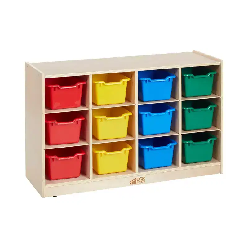 ECR4Kids 12 Cubby Mobile Tray Cabinet and 15 Scoop Front Bins, 3x4, Kids Furniture