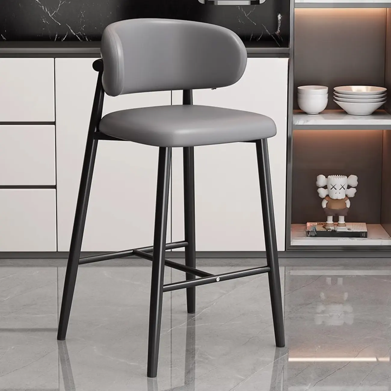 Modern Off-White Leather Curved Back Counter Bar Stools