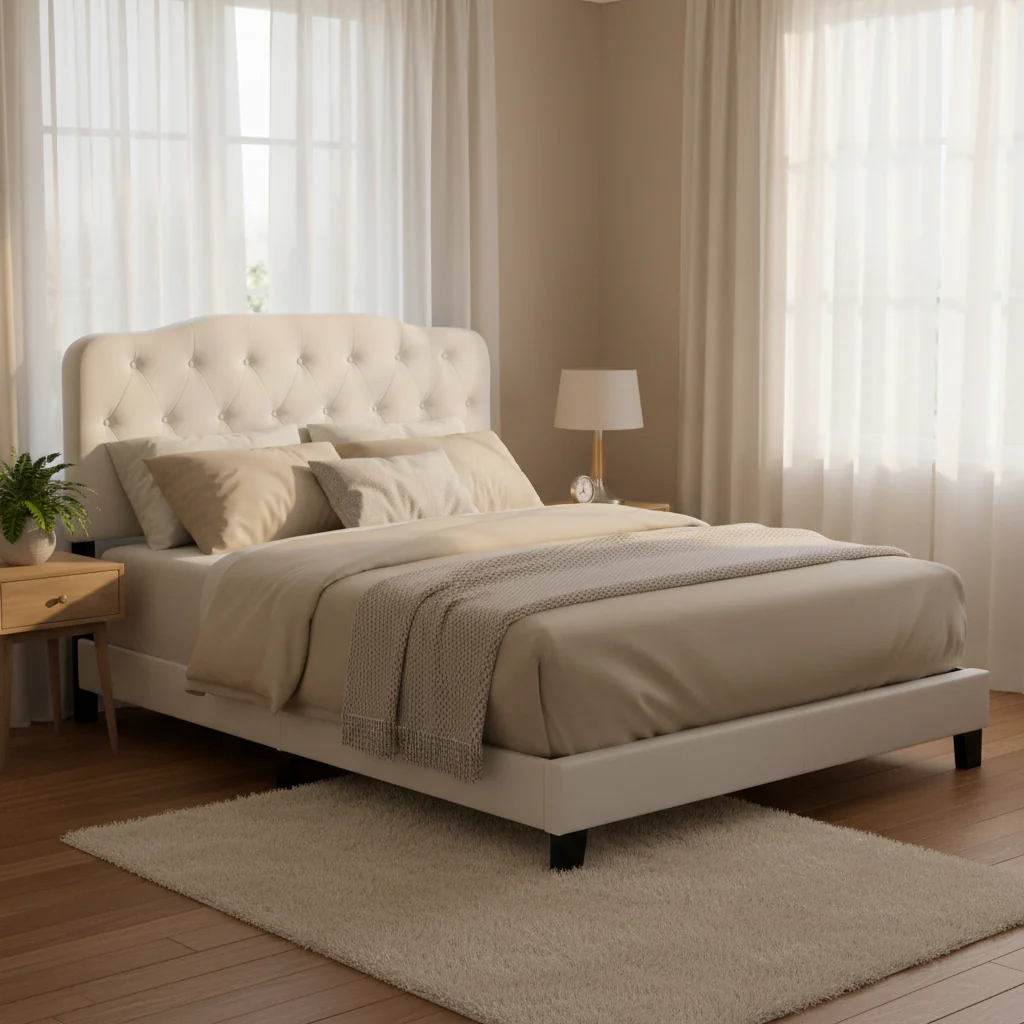Full Size White Leather Platform Bed with Button Tufted Headboard
