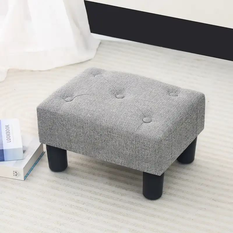 Adeco Button Tufted Linen Foot Stool Rectangular Small Ottoman