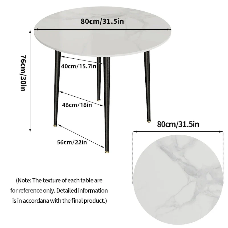 Round Kitchen Dining Table Marble Tabletop with Tapered Metal Legs - 31.5 W x 30 H