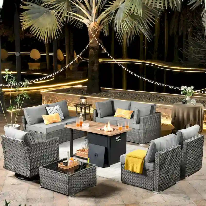HOOOWOOO 10-piece Grey Rattan Patio Furniture Set with Fire Pit