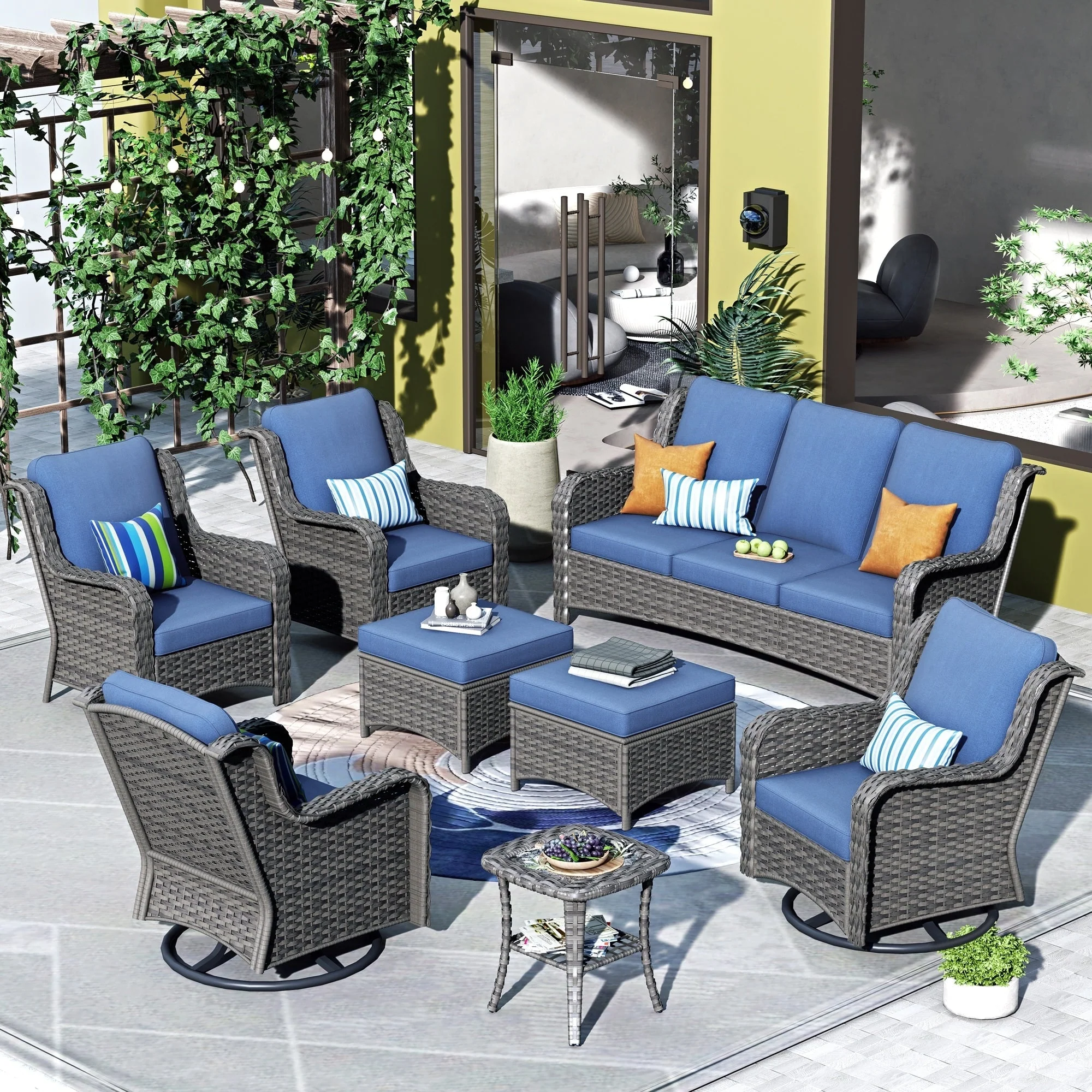 OVIOS 8-piece Patio Wicker Furniture Swivel Chair Set