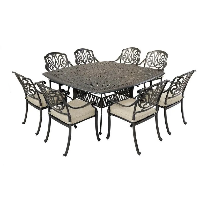 Saratoga 9-piece Gun Metal Aluminum Square Dining Set with 8 Cushioned Arm Dining Chairs