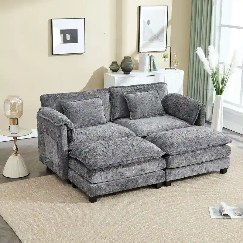76.77  Chenille Upholstered Sofa with 2 Ottomans