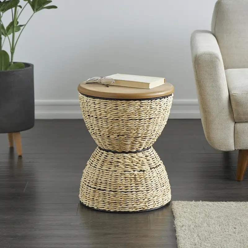 Rattan Handmade Woven Side End Accent Table with Wood Tabletop and Black Frame - Light Brown or Brown