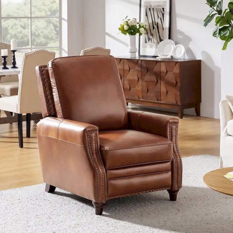 Cigar Mid-century Modern Genuine Leather Recliner with Nailhead Trim by HULALA HOME