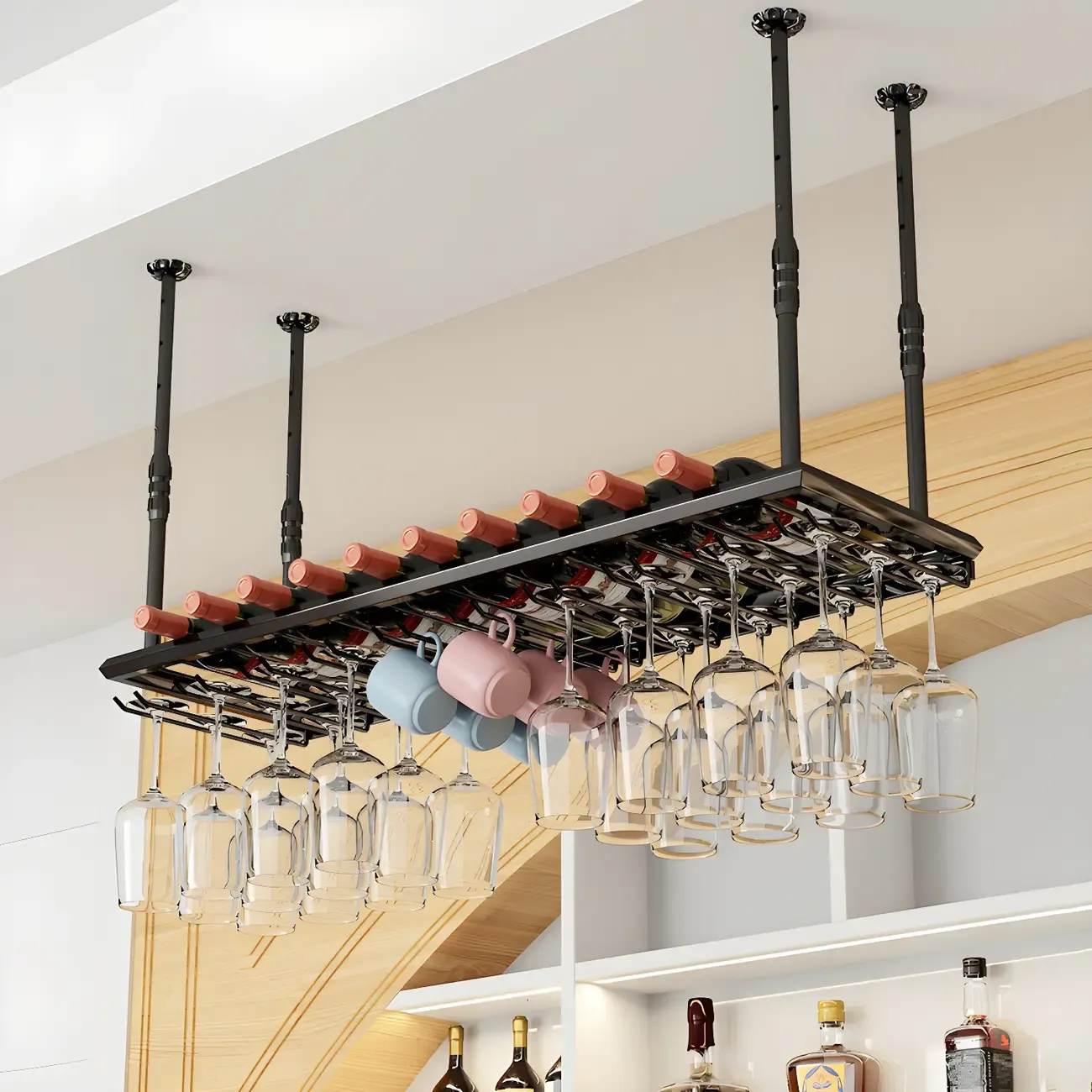 Industrial Metal Hanging Wine Rack with Glass Holder