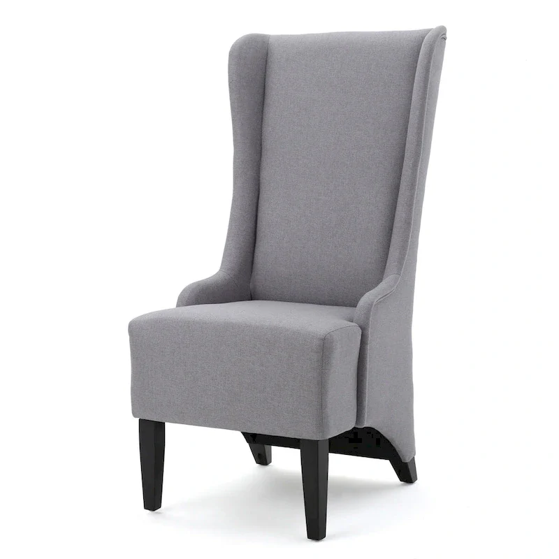 Becca Dining Chair, High Wingback Brown Birch Wood, Light Gray Fabric