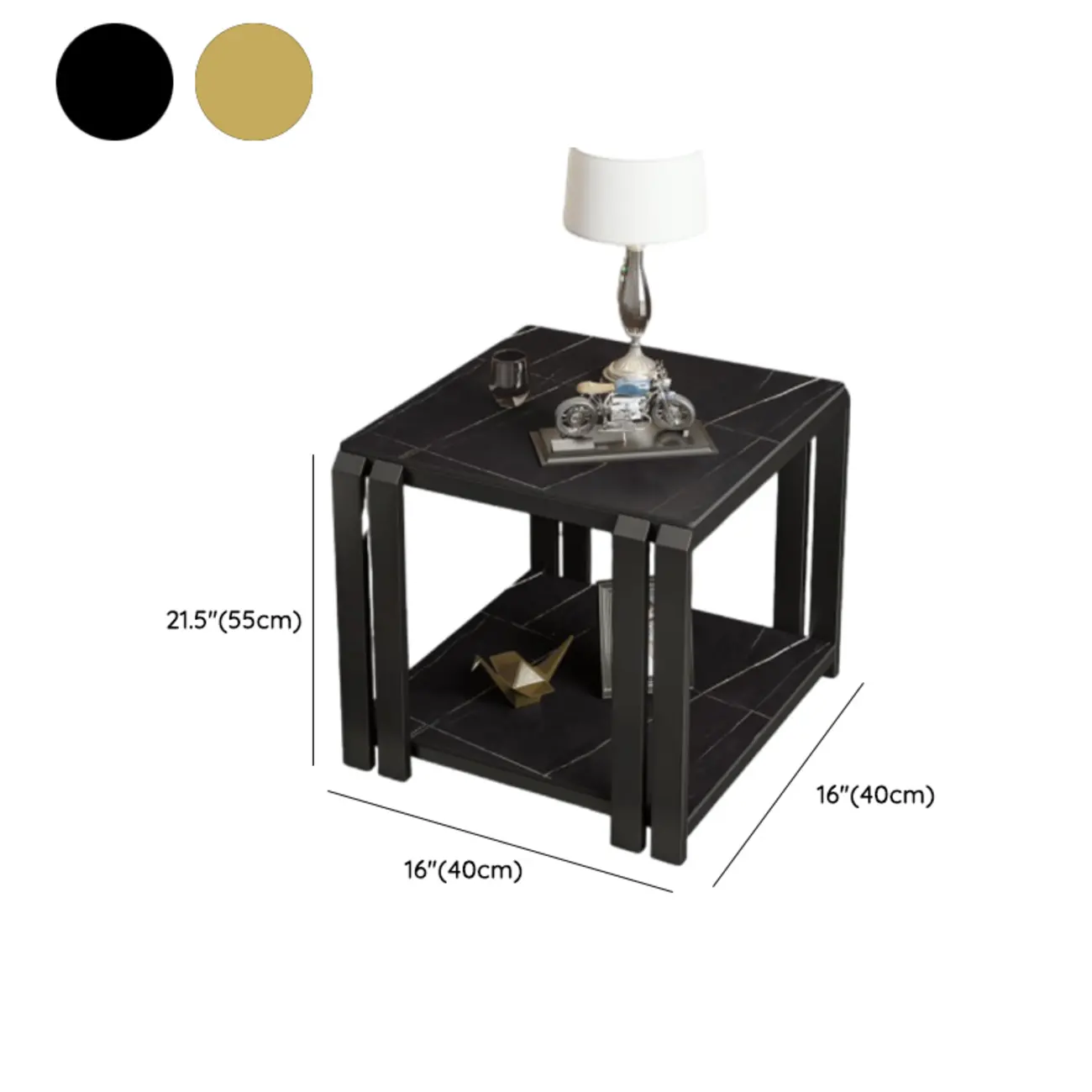 Gold-Black 2-Tier Stone Top Square Metal Frame Side Table