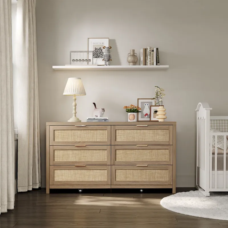 Set of 2 Elegant Right Angled Dresser with 6 Rattan Woven Drawers