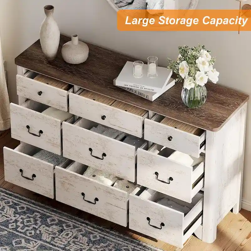 53.5 Wide Farmhouse White Dresser TV Stand with Curved Edge Design and Wide Chests of Drawers