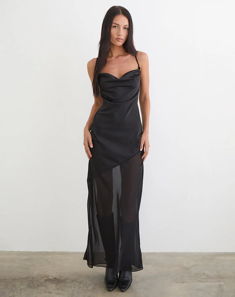 Eshara Maxi Dress in Chiffon Satin Black
