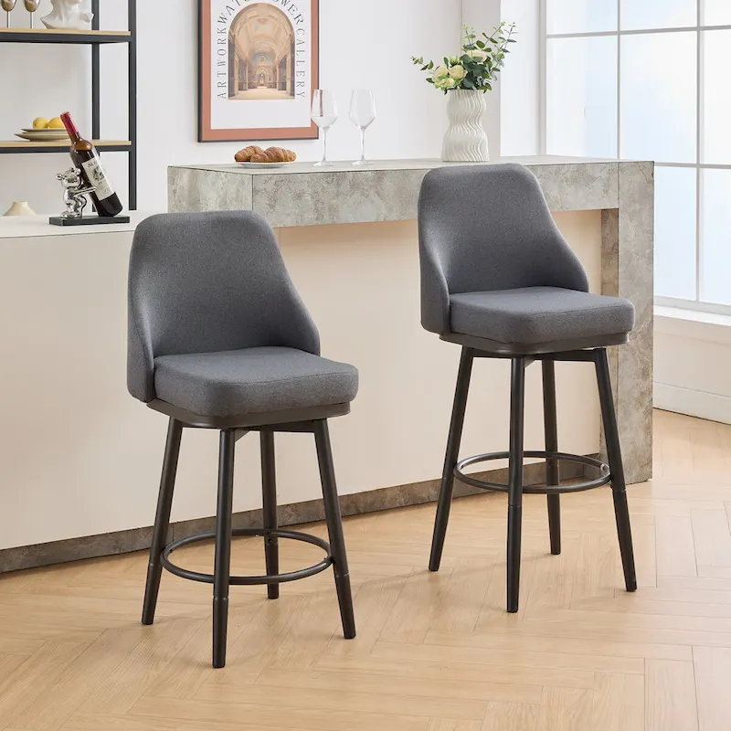 Bar Stools Set of 2 Chenille Adjustable Counter Height Swivel Bar Stools with Back Metal Leg,24 to 29 Inch,Light Gray