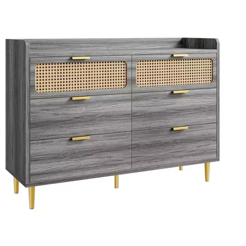 TROPOW Dresser TV Stand with Railed Edge, 6 Drawer Double Dresser, Mid Century Modern Gold Closet Dresser with High Legs, Rattan Design, Large