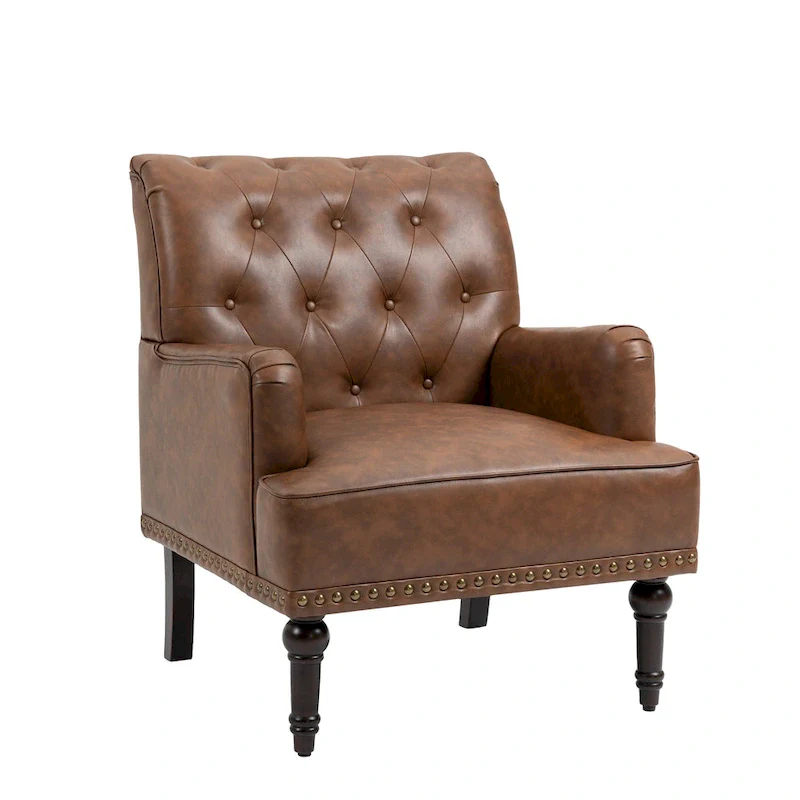 Button-Tufted PU Leather Accent Chair, Black/Brown/Beige, Nailhead Trim, Seats 1