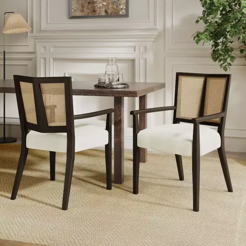 Beige/Dark Brown Upholstered Dining Arm Chairs with Rattan Back, Set of 2