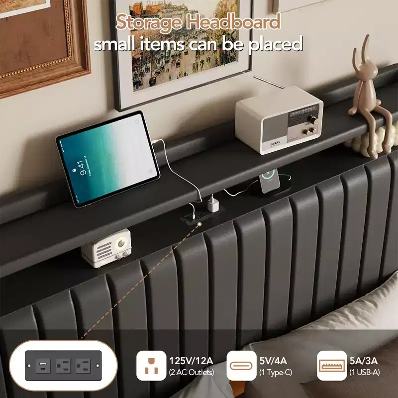 GustoWave Floating Bed Frame, with LED Lights & Charging Station