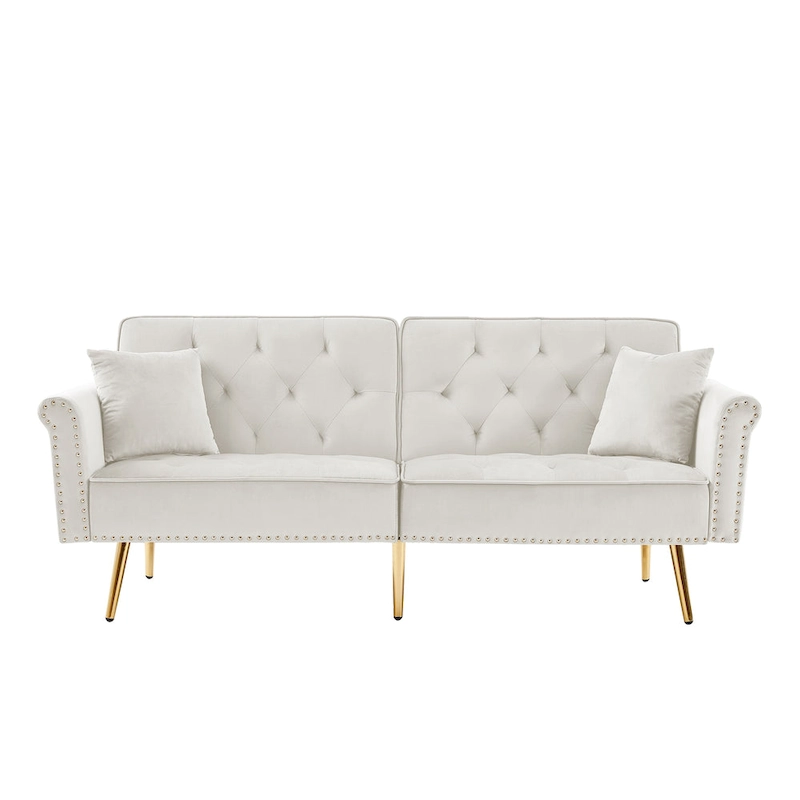 Velvet Tufted Sofa Couch with 2 Pillows and Nailhead Trim