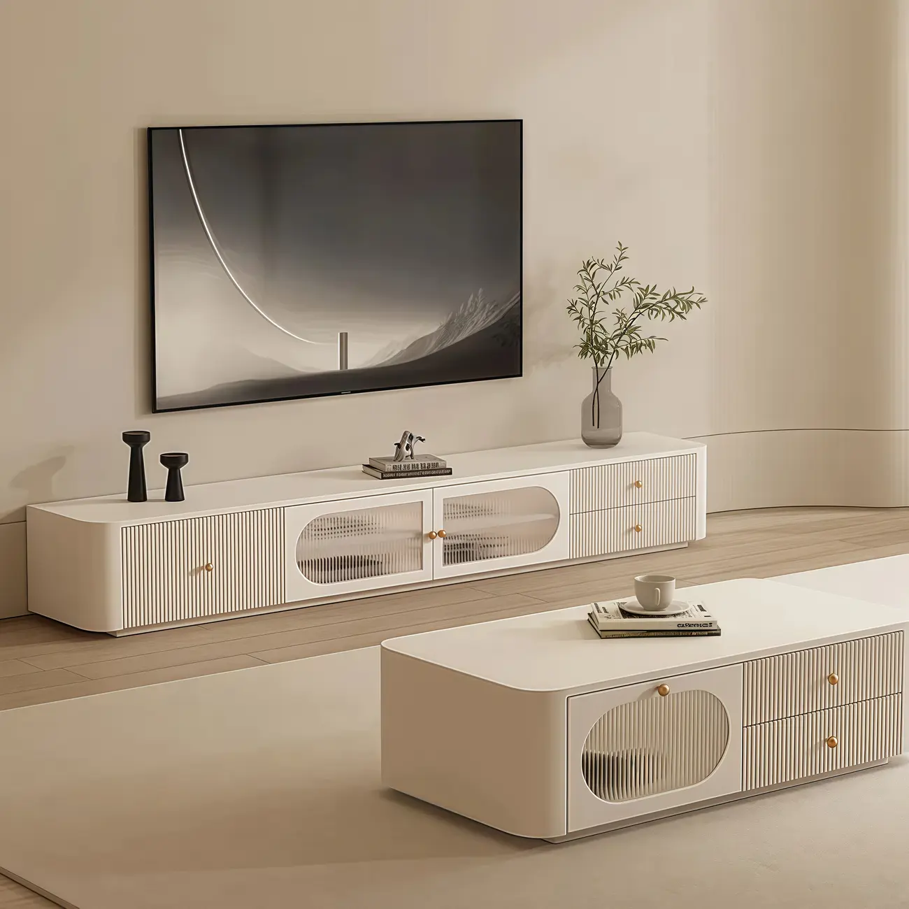 Long Modern White Wooden TV Stand with Drawers