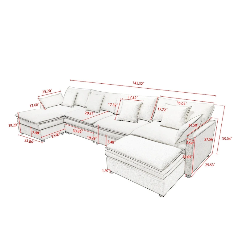 Spacious 142.52 U-Shaped Chenille Sectional Sofa with Double Cushions, Convertible Chaise and Ottomans