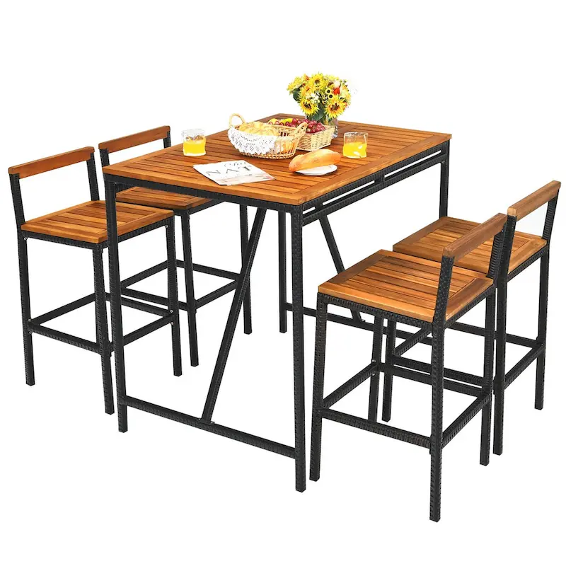 Costway 5PCS Patio Rattan Bar Table Stool Set Acacia Wood Top - See Details