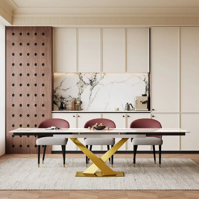 9 - Piece 94.48 Rectangular Extendable Sintered Stone Dining Table with 8 Faux leather Chairs Dining Set