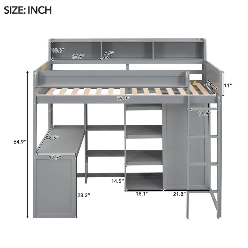 Wood Twin Size Loft bed with Multiple Storage Shelves and Wardrobe