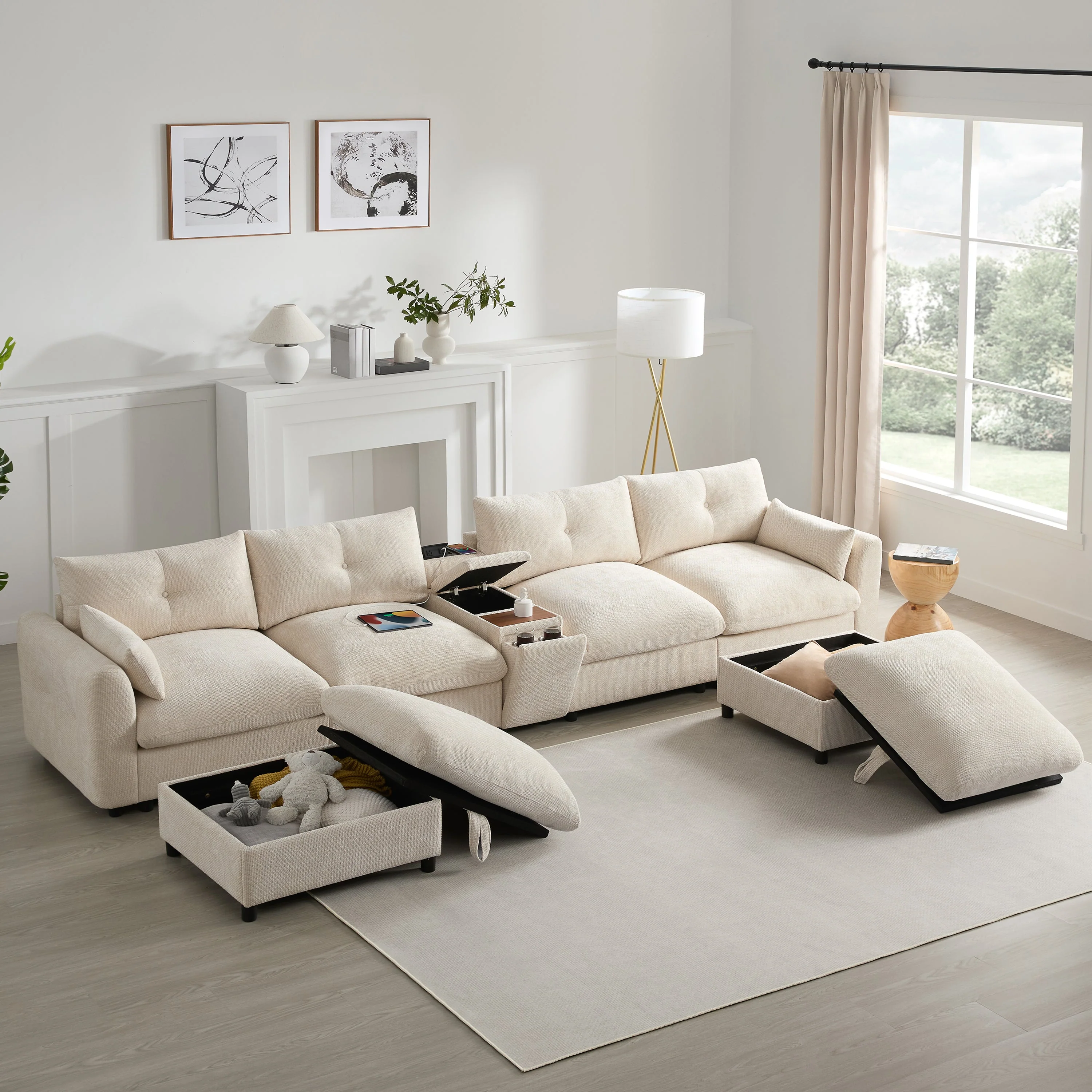 Oversized Chenille Modular Sectional Sofa with Console and Two Storage Ottomans