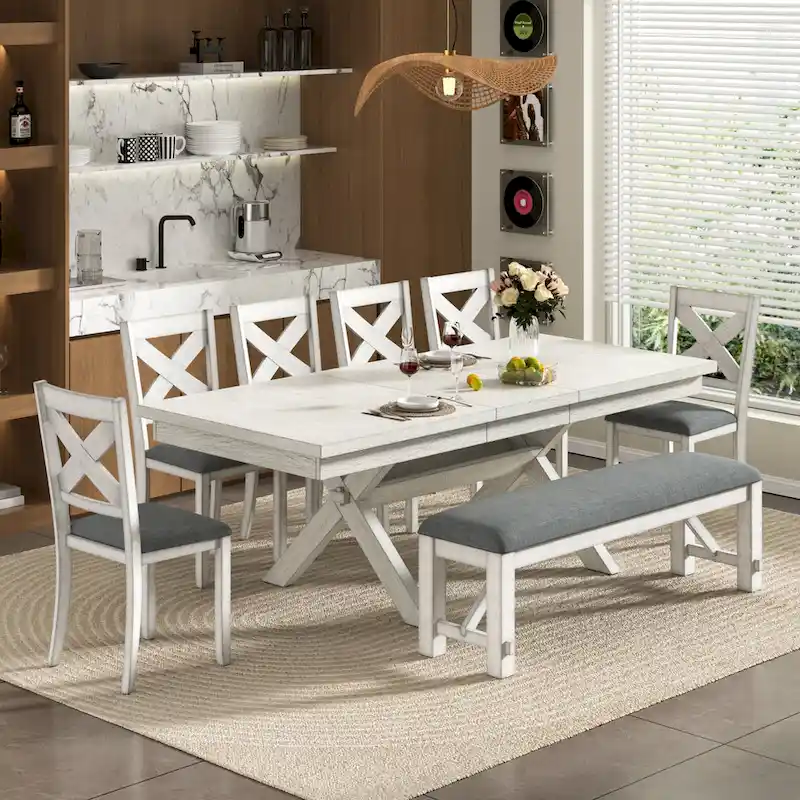 VECELO Dining Table Set with Bench, Solid Wood Rectangular Extendable Dining Table & 4 Solid Wood Dining Chairs