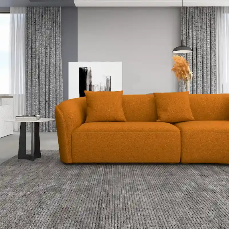 Japandi Curved Sofa with French Boucle Upholstery – Beige / Burnt Orange, Seats 2–3