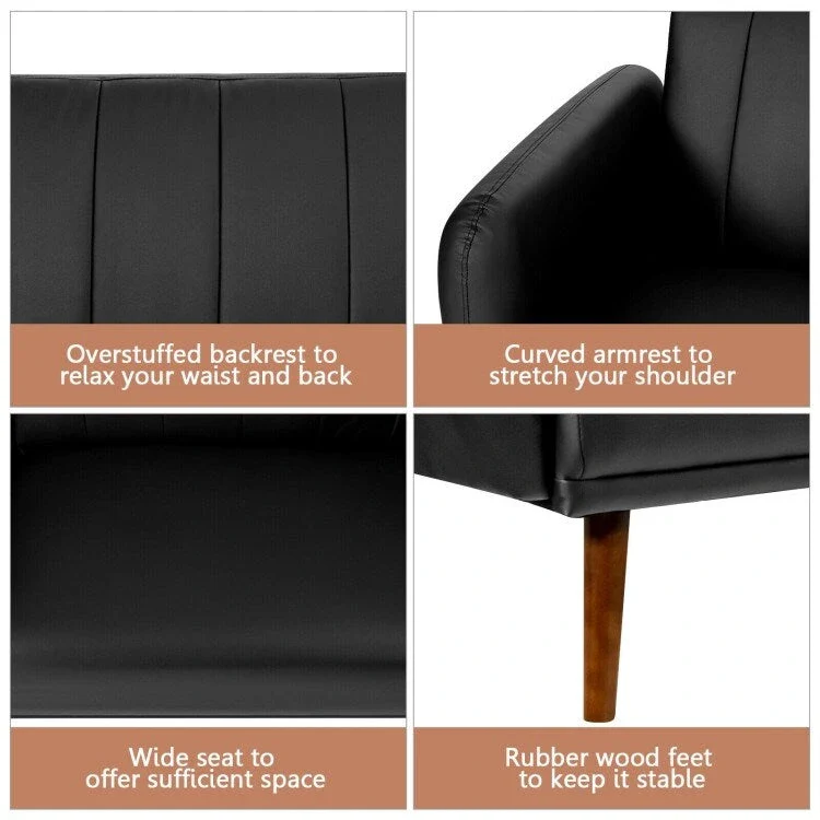 Convertible Futon Sofa Bed PU Leather Adjustable Couch Sleeper with Wood Legs - 81 x 33.5 x 31.5 (L x W x H)