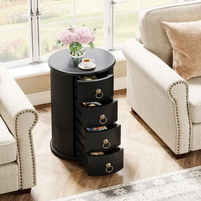 No Assembly Round Solid Wood End Table, Small Side Table with Drawers