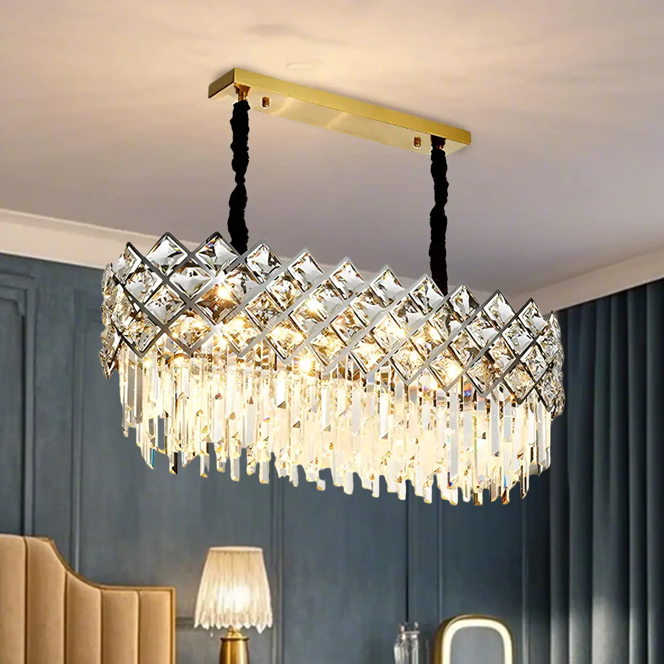 Kitchen Modern Crystal Oval Island Pendant Light