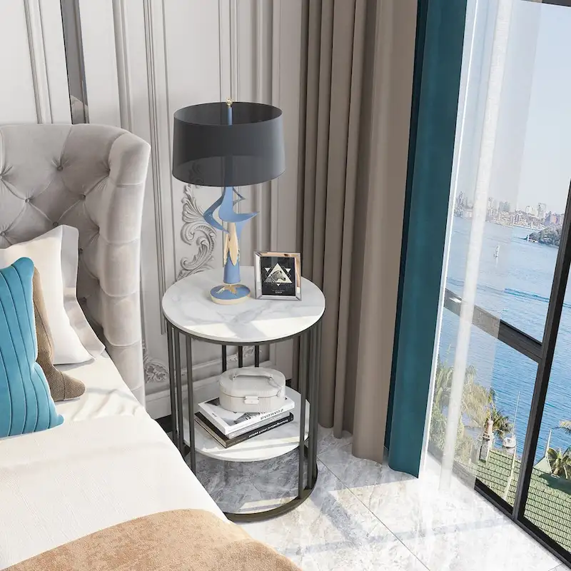 End Table 2-Tier Round Side Accent Table with Sintered Stone Tabletop - 15.7x15.7x21.3 inch