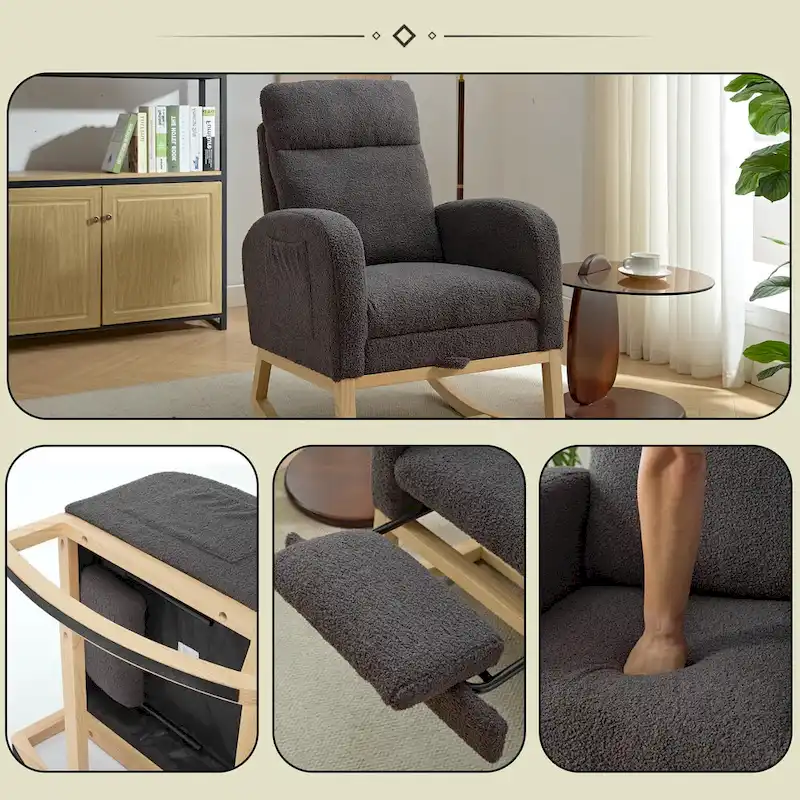 Modern 29.5 High Back Upholstered Rocking Chair with Solid Wood Legs and Adjustable Footrest