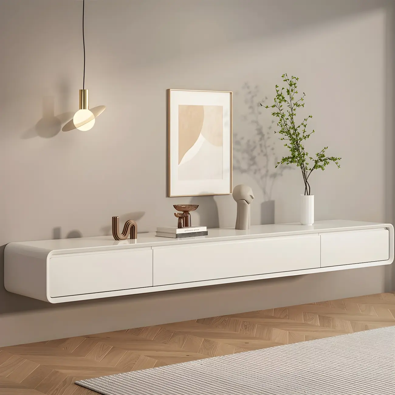 Rectangular Wall-Mounted Wood Drawers TV Stand White