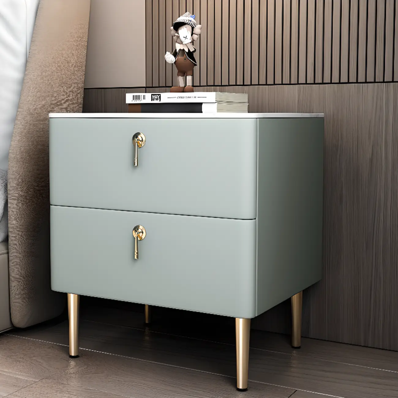 Modern Stone Top Gold Accents Leather 2 Drawer Nightstand