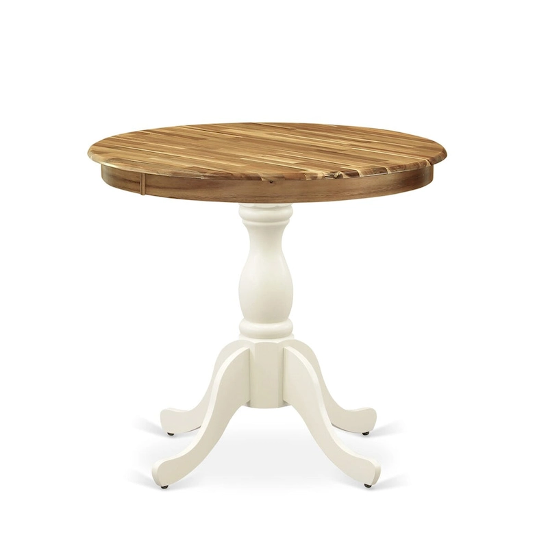 East West Furniture Antique Modern Kitchen Table - a Round Dining Table Top with Pedestal Base, Linen White