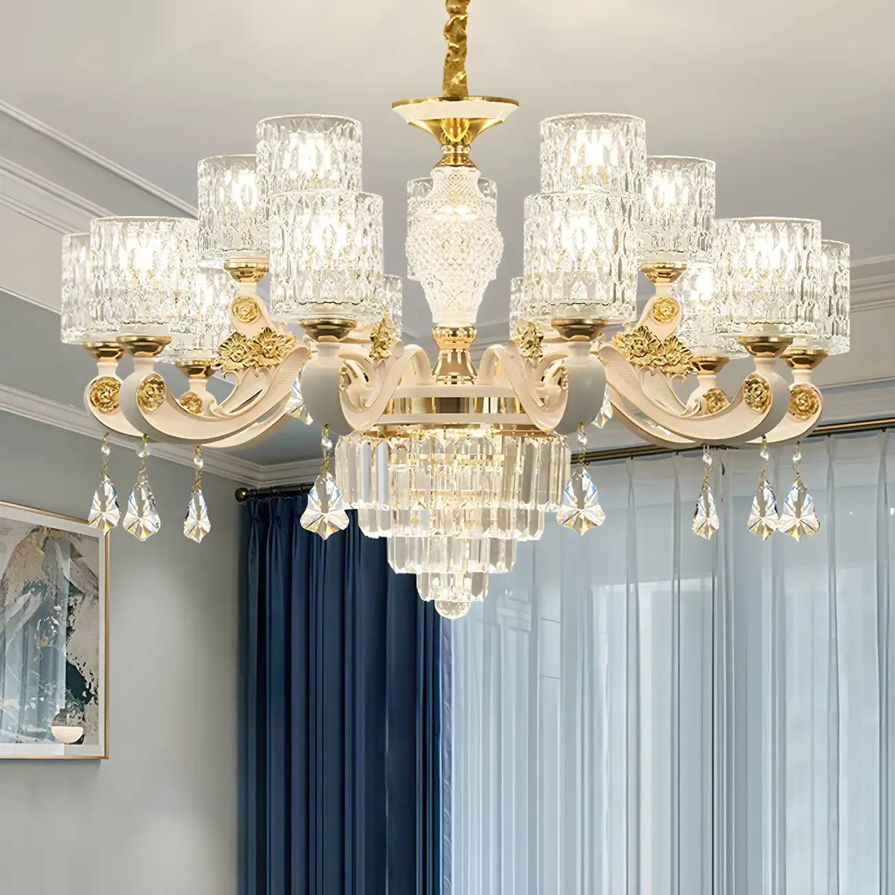 White Gold Cylinder Ripple Glass Chandelier with Crystal