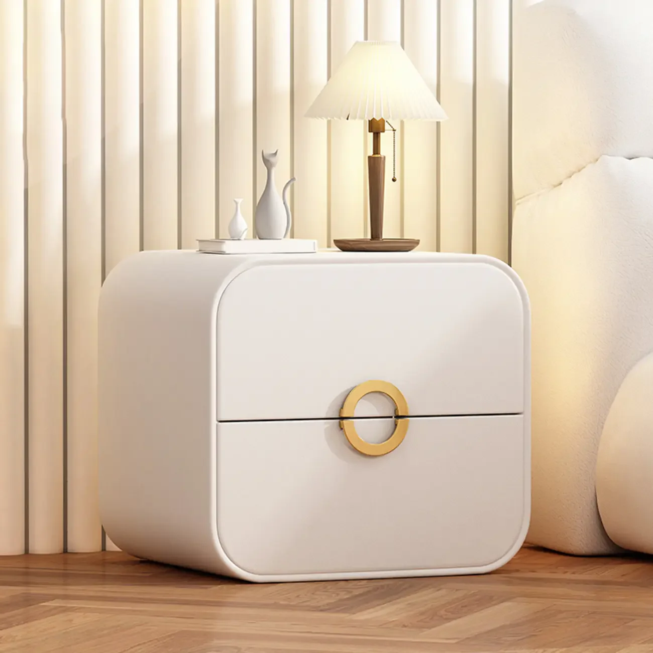 Modern Faux Leather Gold Ring Handle Nightstand with 2 Drawers