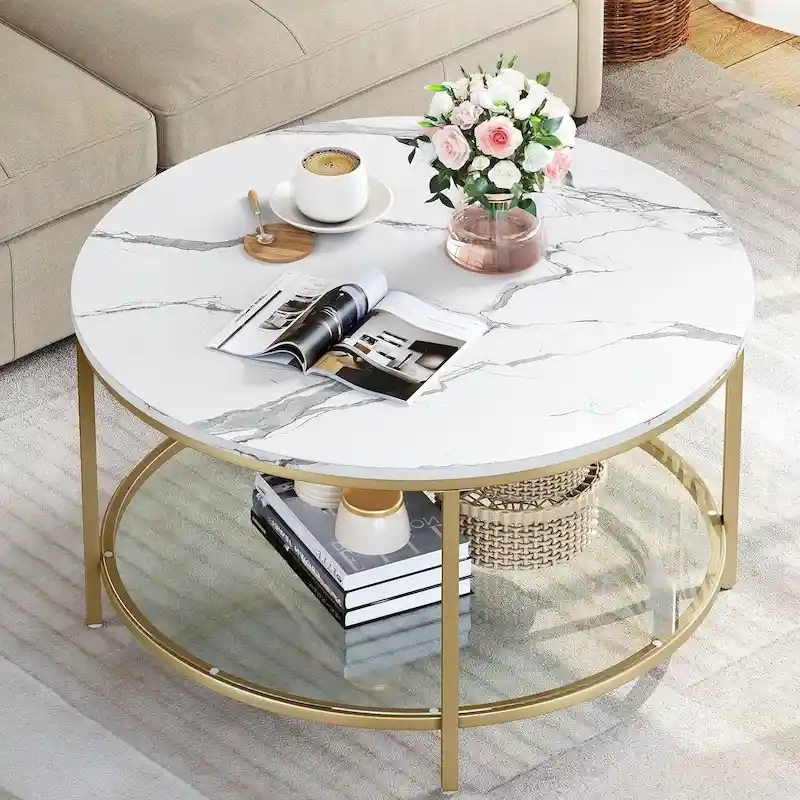 Moasis Industrial 2-Tier Round Coffee Table with Shelf
