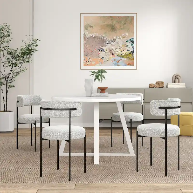Roundhill Durban 5-Piece Round Dining Set, Trestle Dining Table with 4 Boucle Chairs