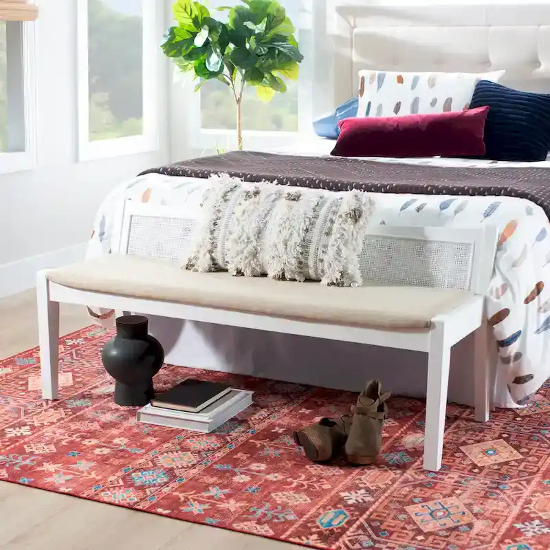 Solid Wood Cane Bench with Cushioned Seat