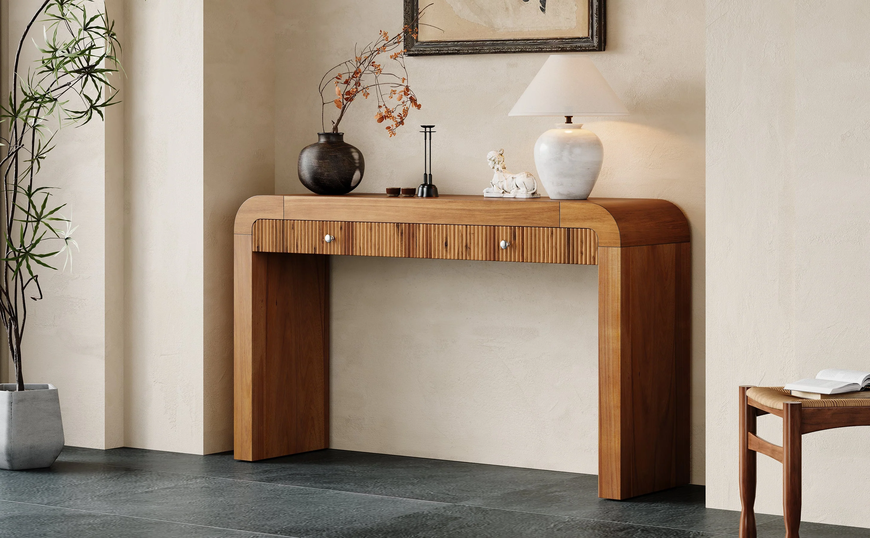 Walker Edison | Entryway Fluted Curve Design Console/Desk Table with Drawers