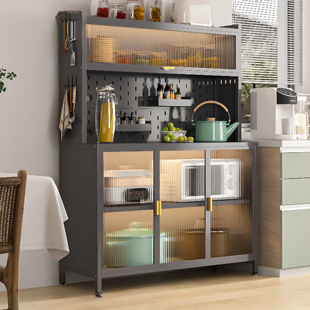 Modern Steel Multi-Shelf Sideboard with Pegboard Back
