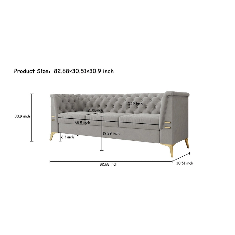 82 Velvet 3 Seater Chesterfield Sofa Couch with Gold Metal Legs, High Rebound Sponge and Removable Cushions
