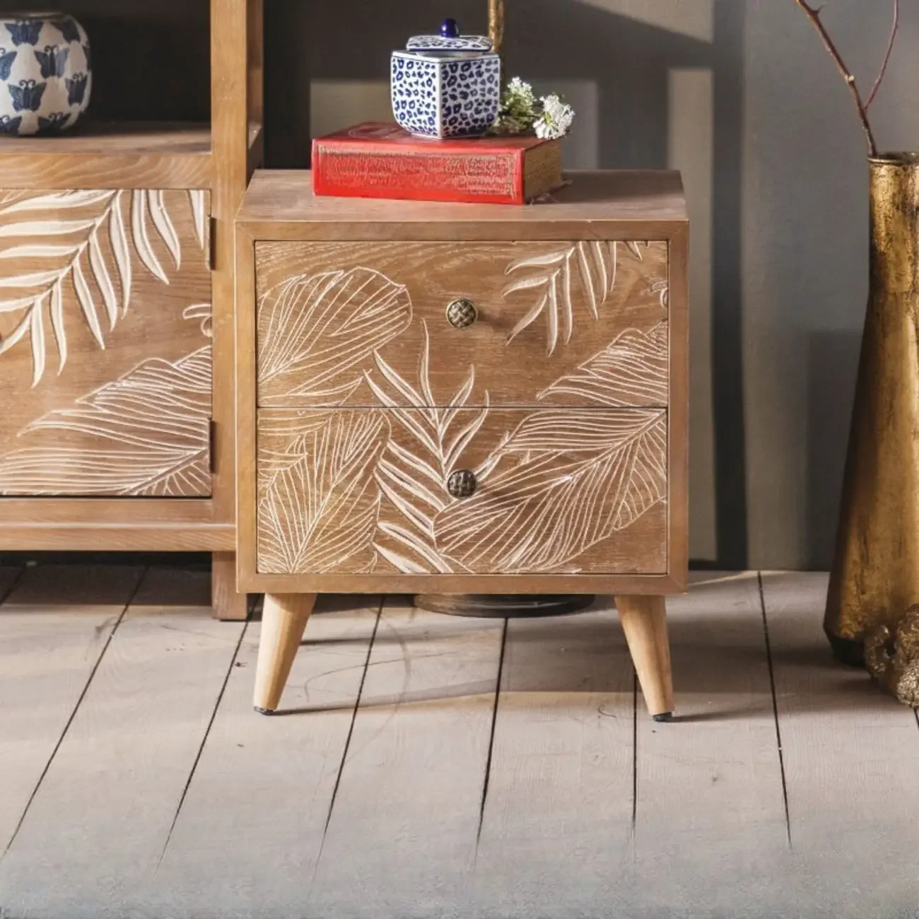 Oriental Brown Wooden Sideboard with Leaf Carving